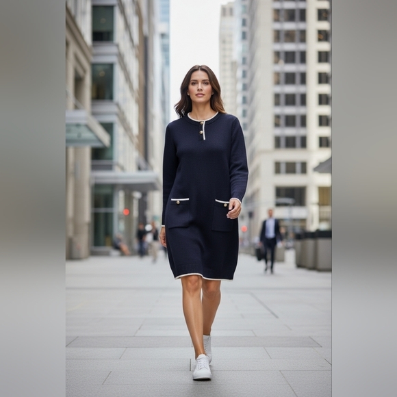 Urban Revivo Dresses & Skirts - Urban Revivo Black Long Sleeve Sweater Dress with White Trim NWOT Medium